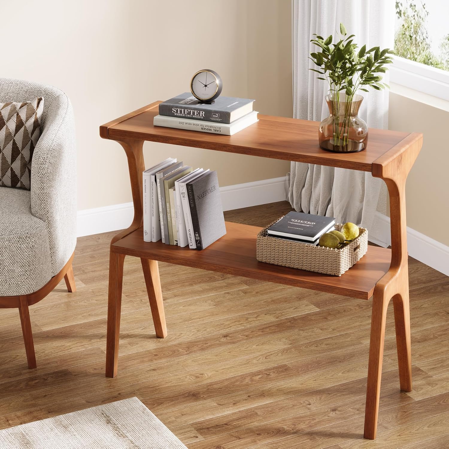 Tribesigns Set of 2 Solid Wood Side Table, 2-Tier Couch End Table with Storage Shelves, Mid-Century Modern Sofa End Table with Cute Legs, Wooden Bedside Table for Bedroom, Living Room, Cherry