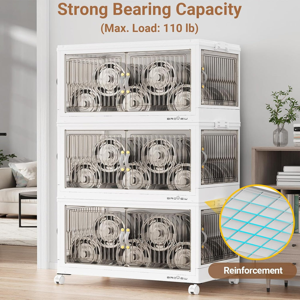 BROVIEW 90Gal Large Stackable Storage Bins with Lids, Plastic Closet Organizer and Storage Drawer, Collapsible Storage Box with Wheels, Folding Storage Cabinet with Doors for Home Office, 3Pack White
