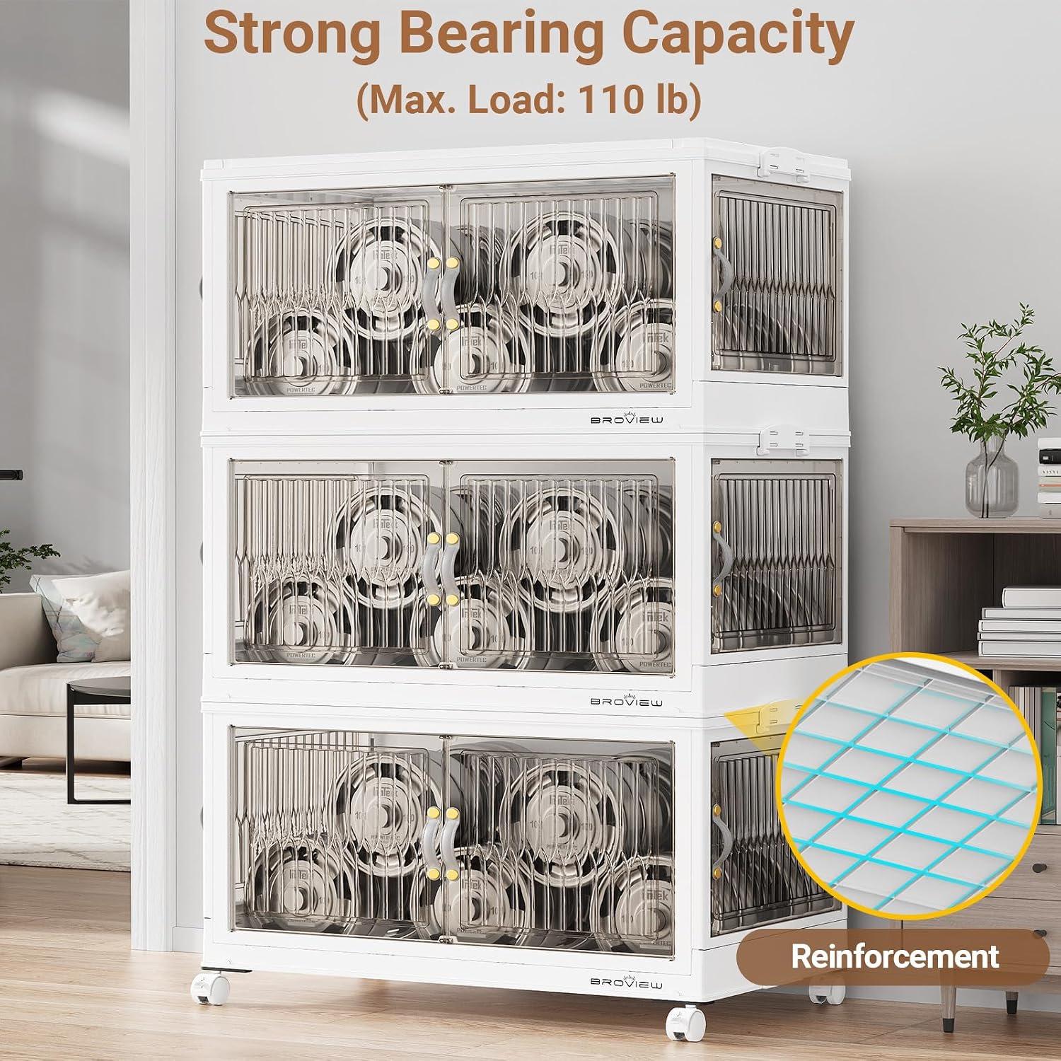 BROVIEW 90Gal Large Stackable Storage Bins with Lids, Plastic Closet Organizer and Storage Drawer, Collapsible Storage Box with Wheels, Folding Storage Cabinet with Doors for Home Office, 3Pack White