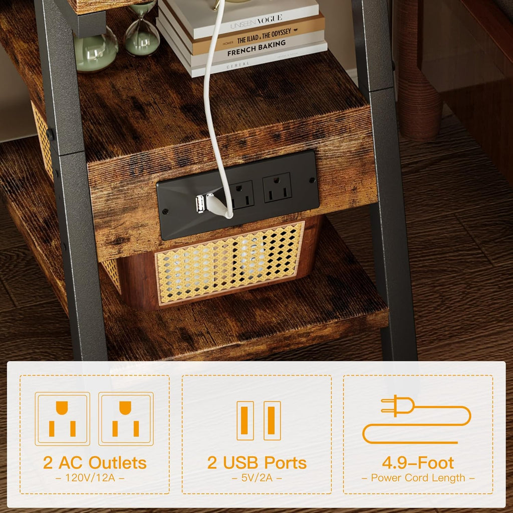 SIde Table with Charging Station, Small End Tables with Lucky 7 Metal Shape, 3-Tier Nightstand with Outlets and USB Ports, Adjustable Leveling Feet, Side Table for Living Room, Bedroom (Rustic Brown)