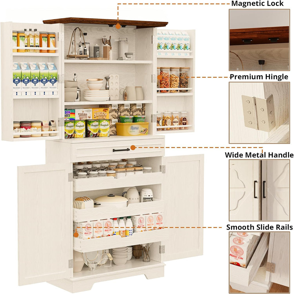 IRONCK Farmhouse Pantry Cabinet, 72" Tall Kitchen Storage Cabinet, Freestanding Cupboard with Sliding Rack & 6 Hanging Shelves,Kitchen Pantry Furniture for Dining Room, Easy Assembly, White