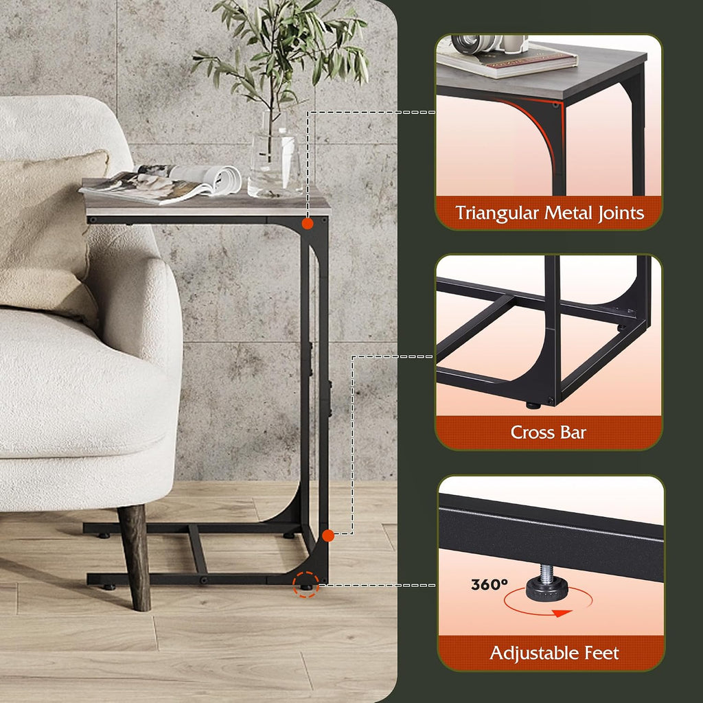 WLIVE C Shaped End Table, Small Couch Side Tables with Metal Frame, Sofa Table TV Tray for Living Room, Bedroom, Greige