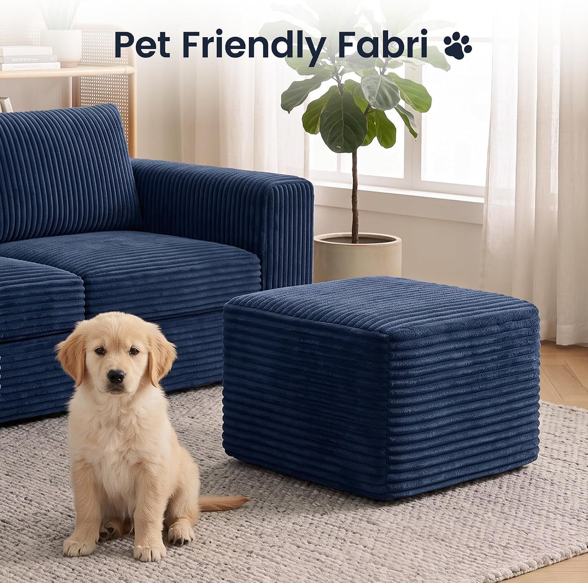 27.6" Floor Ottoman, Plush Corduroy Ottoman Foot Rest for Couch in a Box, Compressed Soft Foam Footrest No Assembly Require, Large Square Footstool for Living Room, Bedroom, Blue