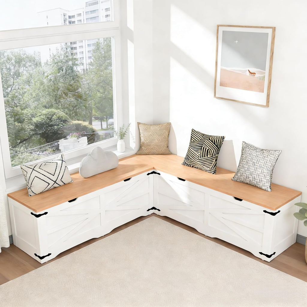 L Shape Storage Bench, Kitchen Breakfast Nook Bench, Farmhouse Corner Bench with Storage for Entryway, Dining Room, Kitchen