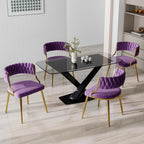 Velvet Dining Chairs Set of 2, Upholstered Dining Chair for Living Room, Modern Woven Kitchen Side Seats with Golden Legs, Great for Bedroom Kitchen Vanity - Purple