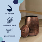 happimess SSL2003A Jasper 15" Modern Rustic Arrow-Hammered Metal Drum Storage Side Table with Lid, End Table for Decoration in Living Room, Bedroom, Bathroom, Antique Copper