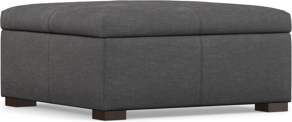 SIMPLIHOME Gabbie 36" Wide Linen Look Fabric Storage Ottoman in Slate Grey | Contemporary ottoman with lift-top storage; rectangle storage bench for living room, bedroom, and entryway.