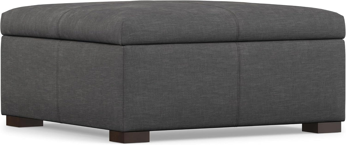 SIMPLIHOME Gabbie 36" Wide Linen Look Fabric Storage Ottoman in Slate Grey | Contemporary ottoman with lift-top storage; rectangle storage bench for living room, bedroom, and entryway.