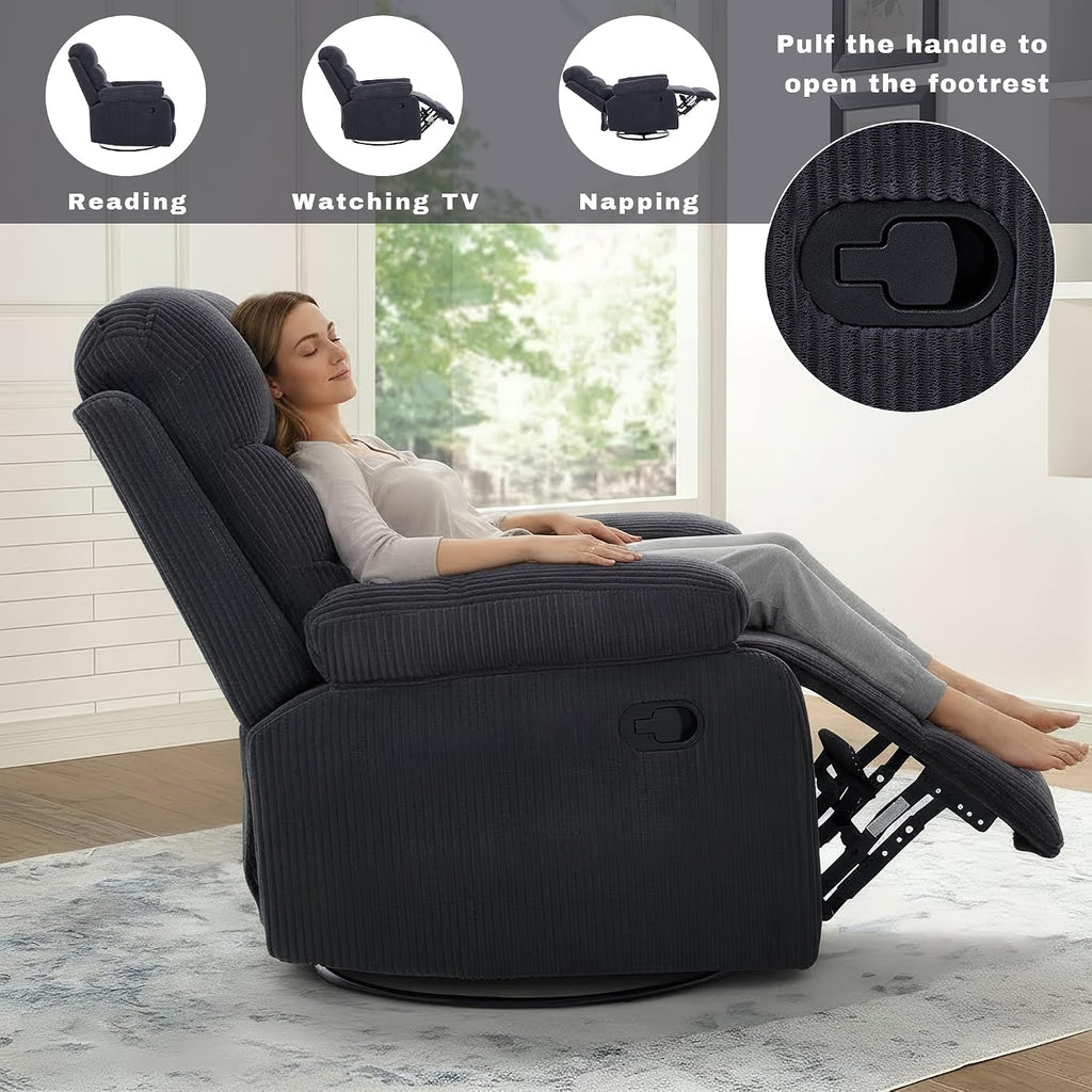 Rocking Recliner Chair,Modern Swivel Glider Recliner Chair,Corduroy Fabric Upholstery Recliner,Manual Reclining Sofa Chair for Living Room,Office,Apartment (Dark Grey)