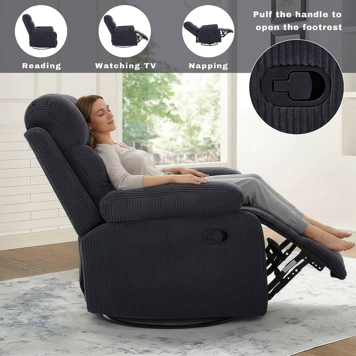 Rocking Recliner Chair,Modern Swivel Glider Recliner Chair,Corduroy Fabric Upholstery Recliner,Manual Reclining Sofa Chair for Living Room,Office,Apartment (Dark Grey)