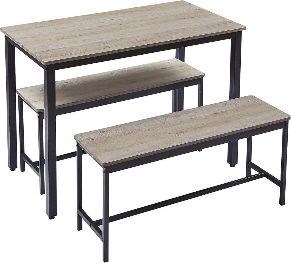 Dining Table Set for 4, Small Kitchen Table with 2 Benches, Industrial Counter Height Pub Table, 3-Pieces Bar Table and Chairs Set for Home Kitchen Breakfast Table, Grey, 43.3″L x23.6″W x 29.9″H