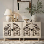 Decorative Storage Cabinet Sideboard with Hollow Carved Panels, 2 Doors, Natural Wood, 29.8 x 31.6 x 15.8 Inches. [Beige, 1pc]