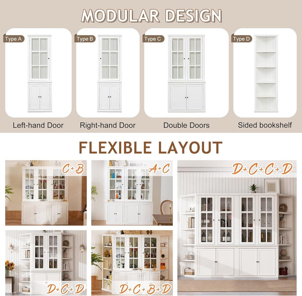 roomfitters 75.25'' Pantry Cabinet with Glass Door, Farmhouse Hutch Display Cabinet with Storage for Kitchen and Living Room, White
