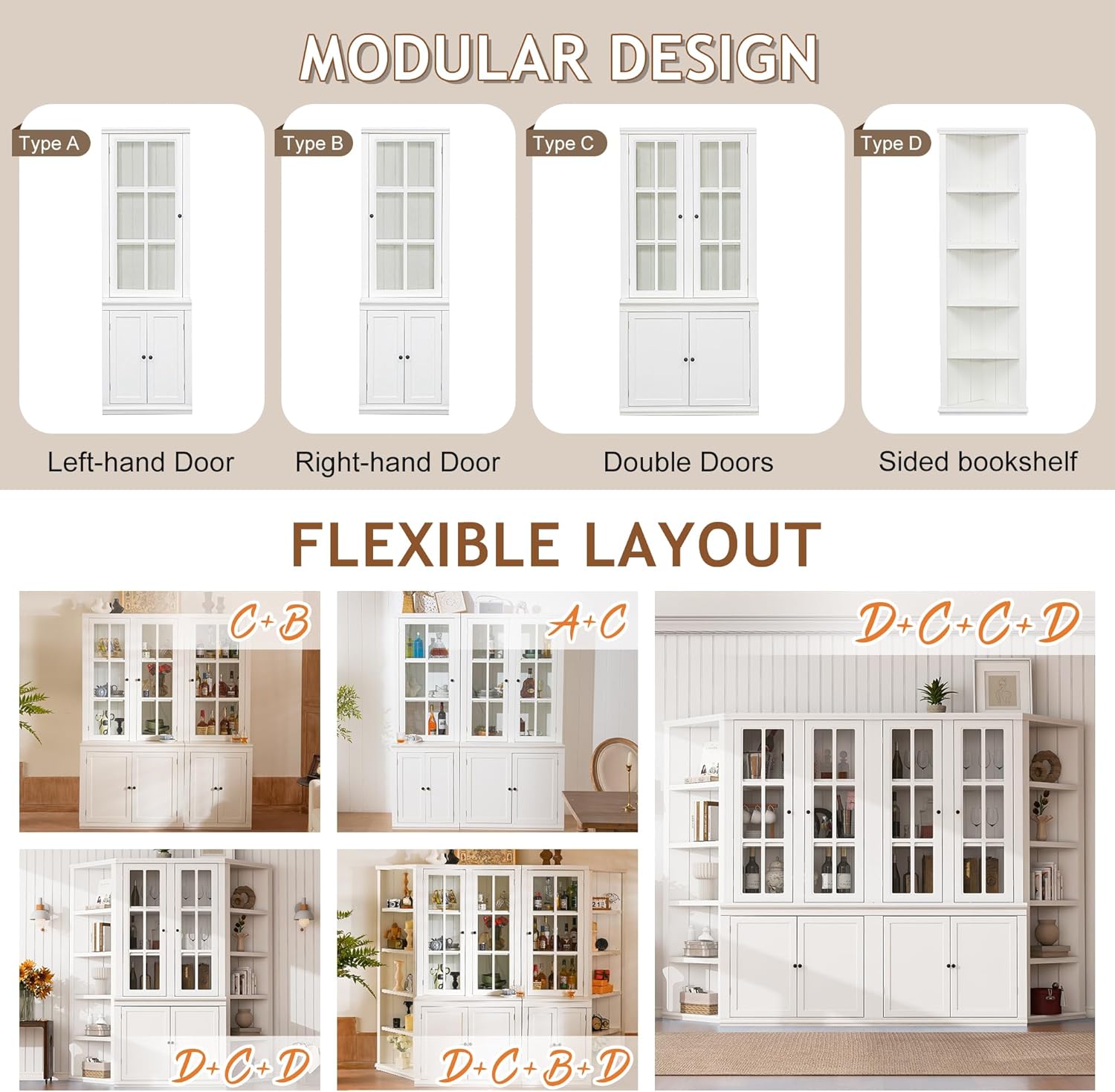 roomfitters 75.25'' Pantry Cabinet with Glass Door, Farmhouse Hutch Display Cabinet with Storage for Kitchen and Living Room, White