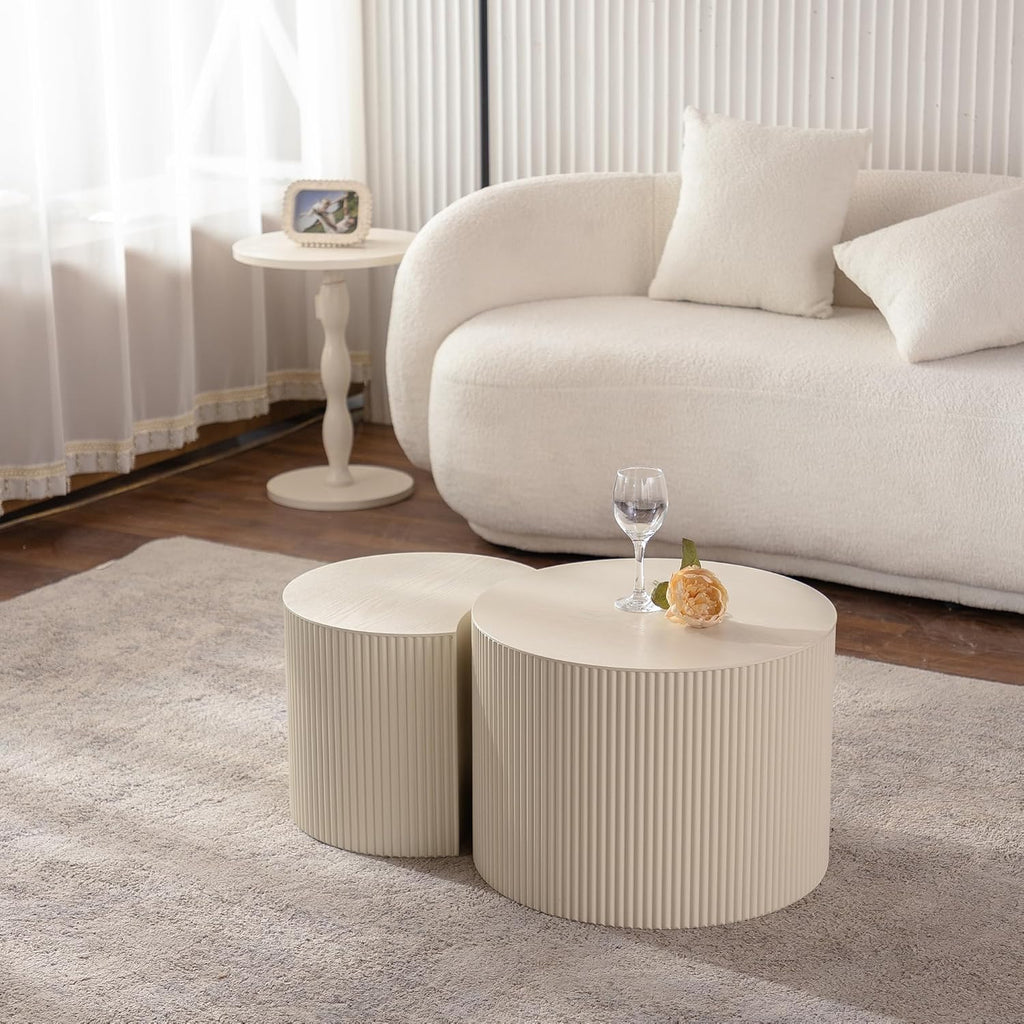 WILLIAMSPACE Beige Round Nesting Coffee Table Set of 2 with Wave Stripe, Modern Wooden Circle Drum Tables Center Table Accent Side Crescent Shape Table for Living Room, No Assembly, 18.9" + 14.96"
