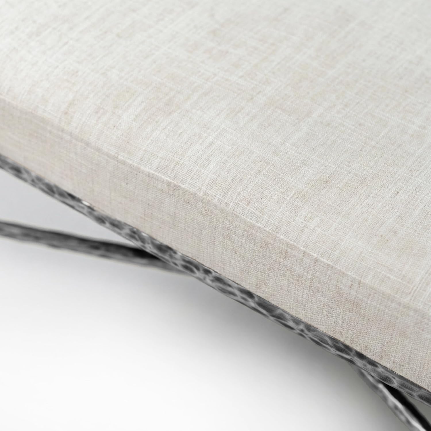 24/7 Shop at Home Lalia Upholstered 48-inch Metal Bench with Padded Roll Arms, Beige Fabric Seat, Hammered Forged Steel Frame, Modern Bedroom or Entryway, Matte Gray