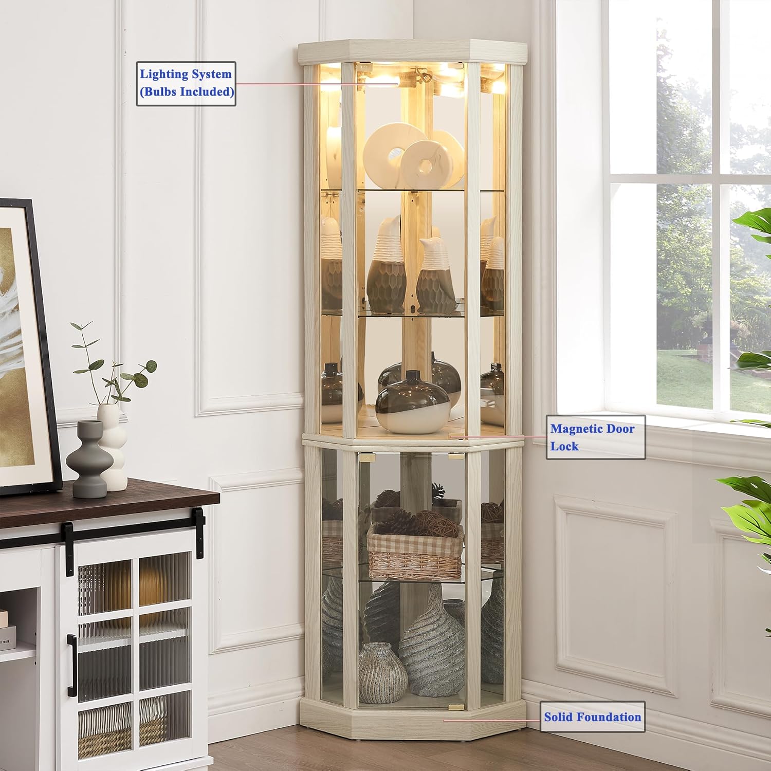 69" H Lighted Corner Display Cabinet, Curio Corner Glass Cabinet w/Adjustable Shelves & Glass Door, 5-Tier Wooden Storage Display Case w/Mirrored Back Pane for Living Room (Antique White)
