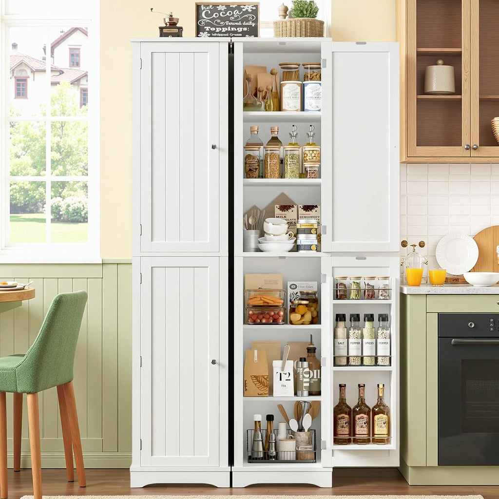 HIFIT 2 Set 71" Tall Narrow Storage Cabinet with 2 Reversible Doors, Small Kitchen Pantry Cabinet with Adjustable Shelves & Spice Rack, Slim Storage Cabinets for Bathroom, Living Room, Entryway, White