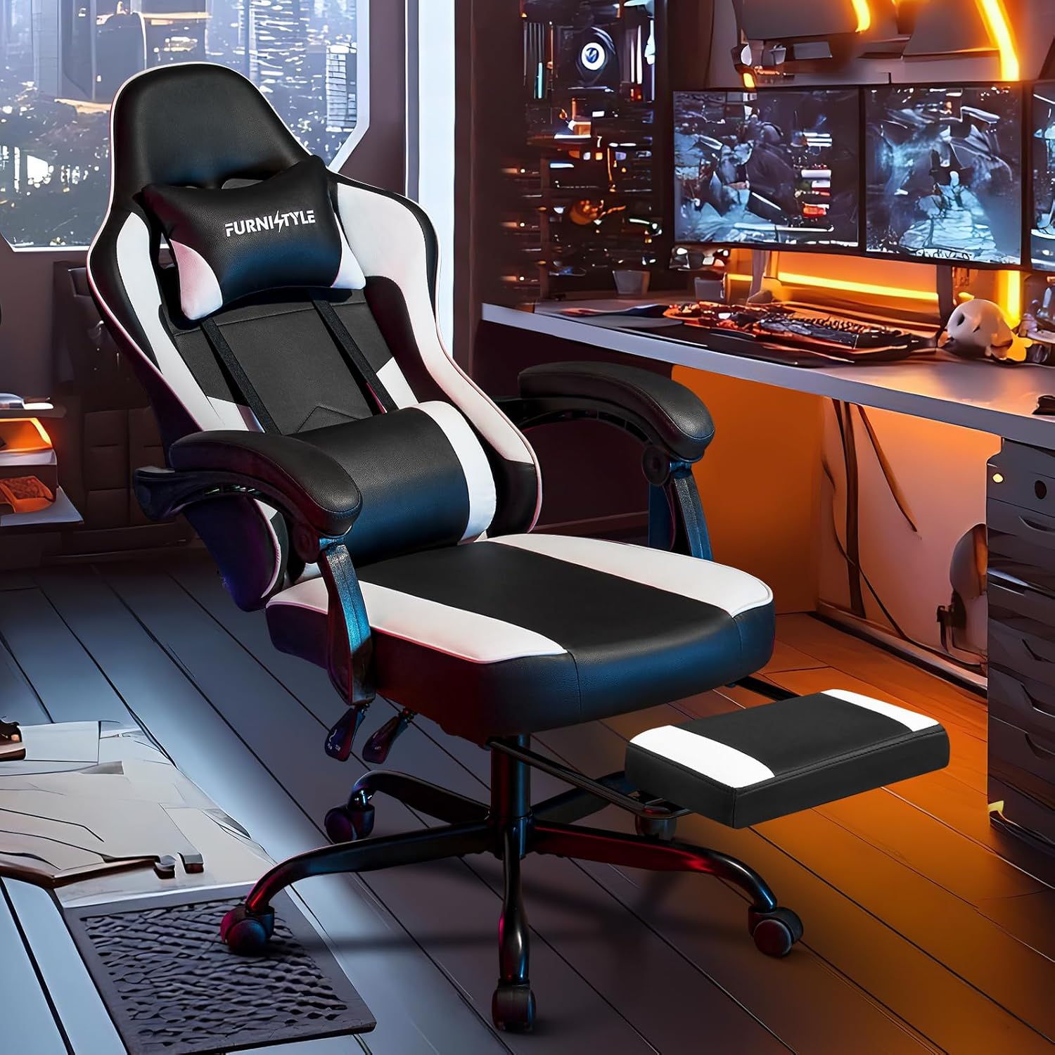 Gaming Chair with Footrest, Reclining Video Game Chairs for Adults with Lumbar Support, Linkage Armrests, Ergonomic Computer Chair for Gaming or Office, PU Black-White