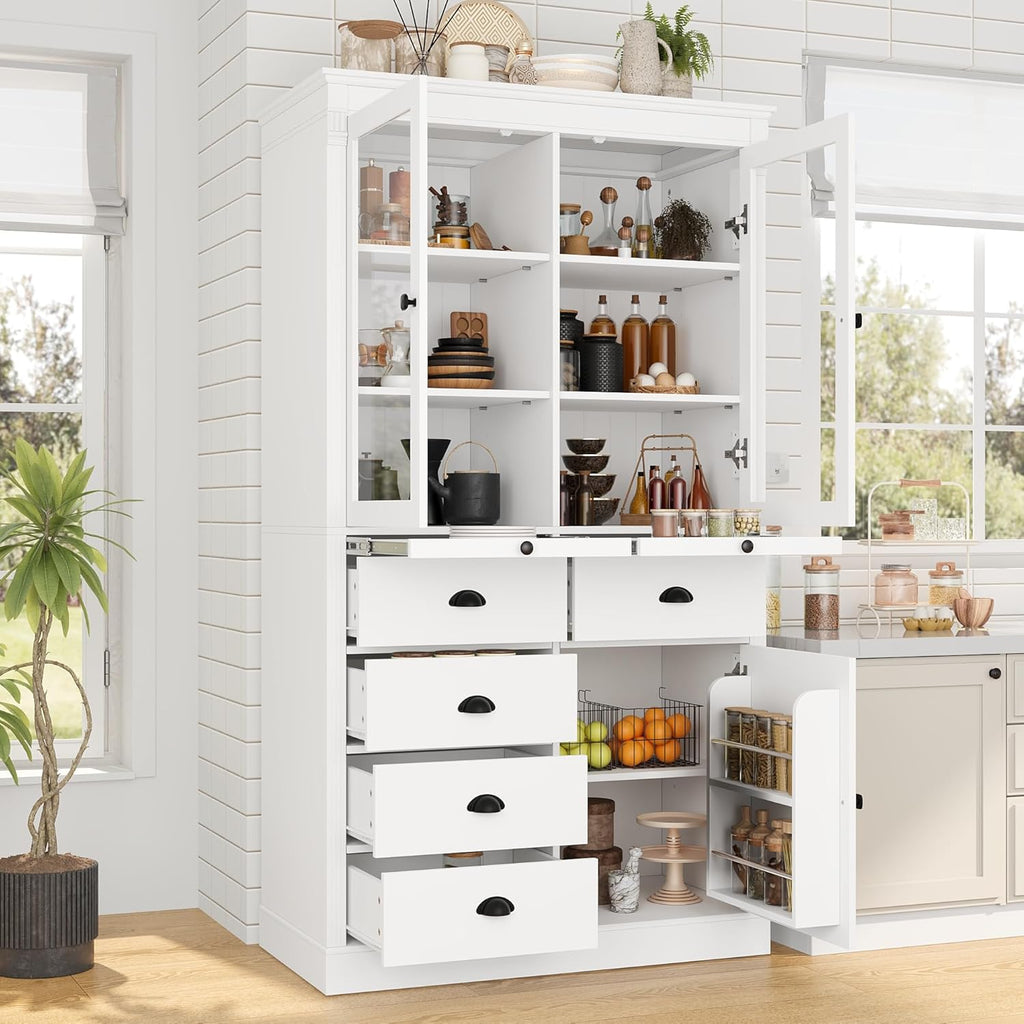 roomfitters 72" Kitchen Pantry Organizers and Storage Kitchen Cabinet, Storage Hutch with Glass Doors, 5 Drawers, White