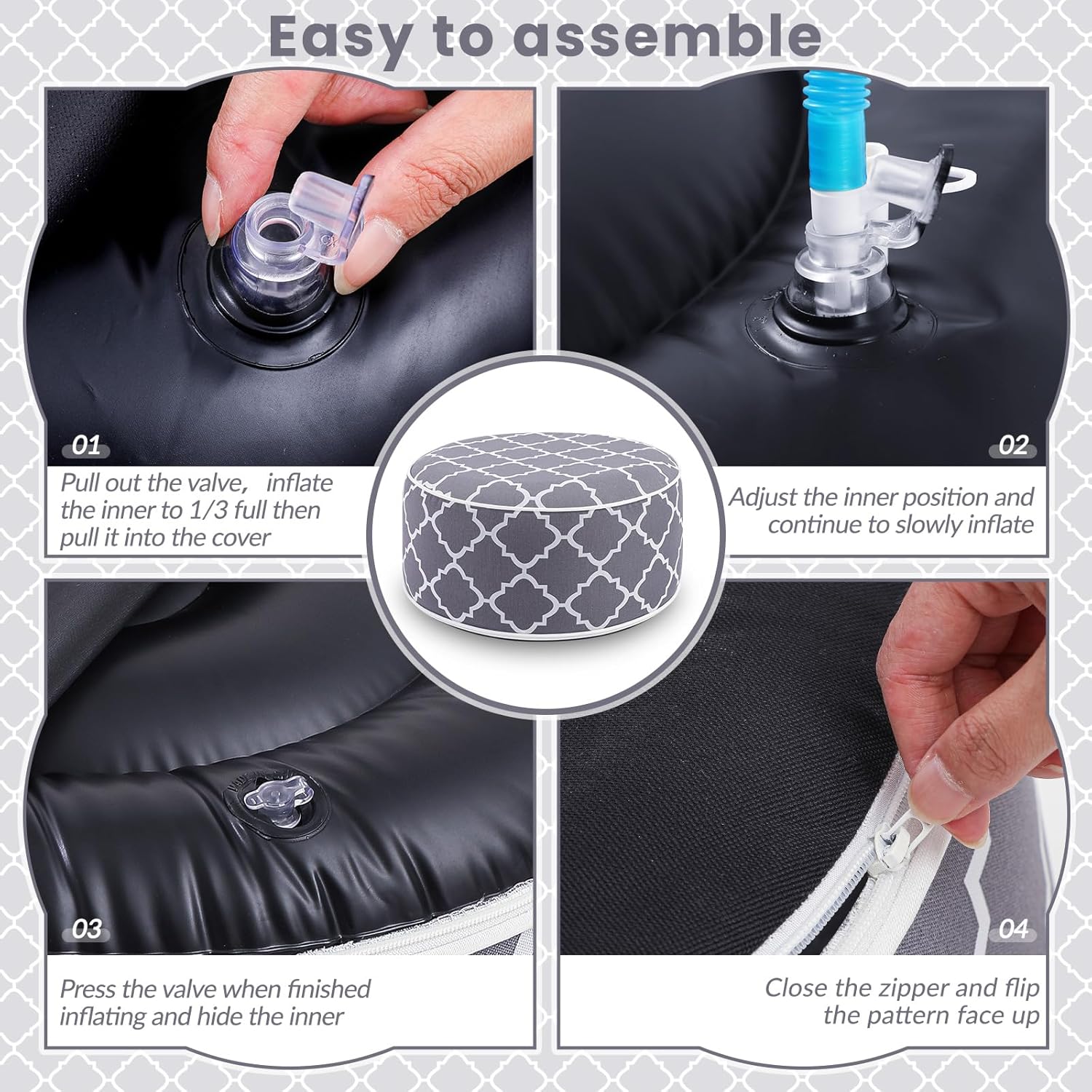 Juexica 2 Pack Inflatable Outdoor Ottoman Pouf Waterproof Round Footrest with Handle D21 x H9 Inch Indoor Outdoor Portable Footstool Pouf for Patio Garden Camping or Home Pool(Classic)