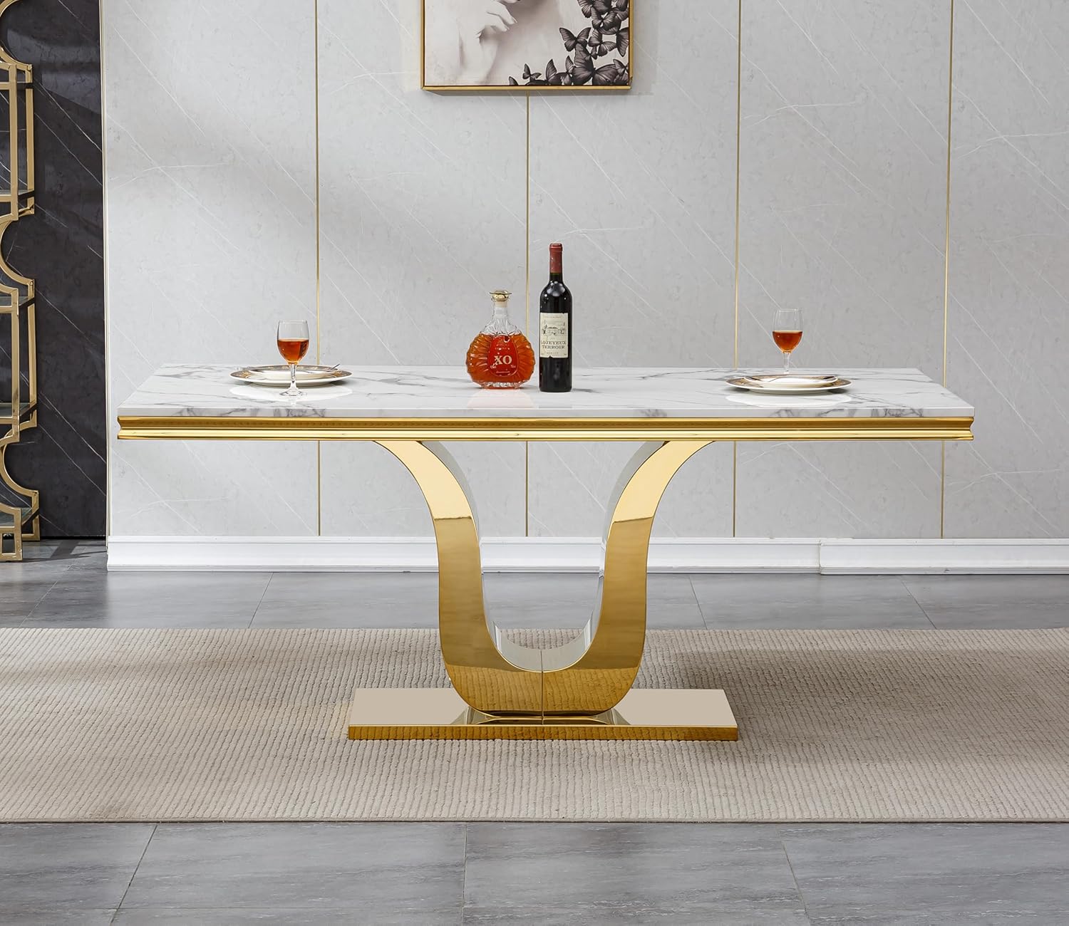 SSLine 68'' Marble Dining Table,Luxury Rectangular Kitchen Dining Room Table,Dining Table for 4-8 People with Gold U-Shape Stainless Steel Base for Kitchen Apartment