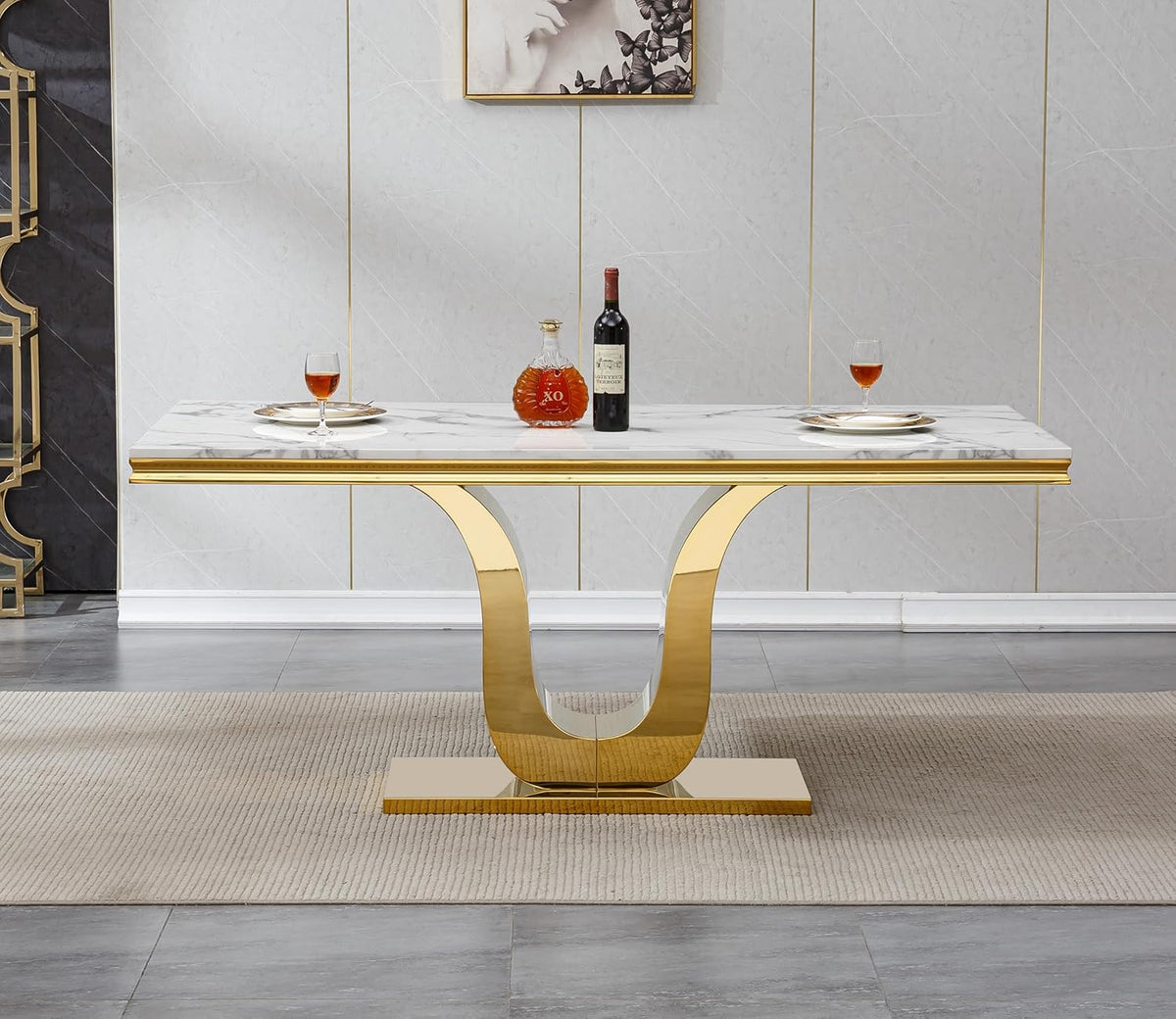 White Marble Dining Table for 6 Modern Luxury Faux Marble Kitchen Table for 6, 68" Large Dining Room Tables with U-Shape Gold Stainless Steel Base