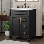 JIVOIT 24 Inch Bathroom Vanity with Ceramic Sink Top, Solid Wood & MDF Vanity Cabinet with Flip-Out Drawer, 3 Drawers & Storage Cabinet, Adjustable Shelf, Door-Mounted Storage Rack (Black-33)