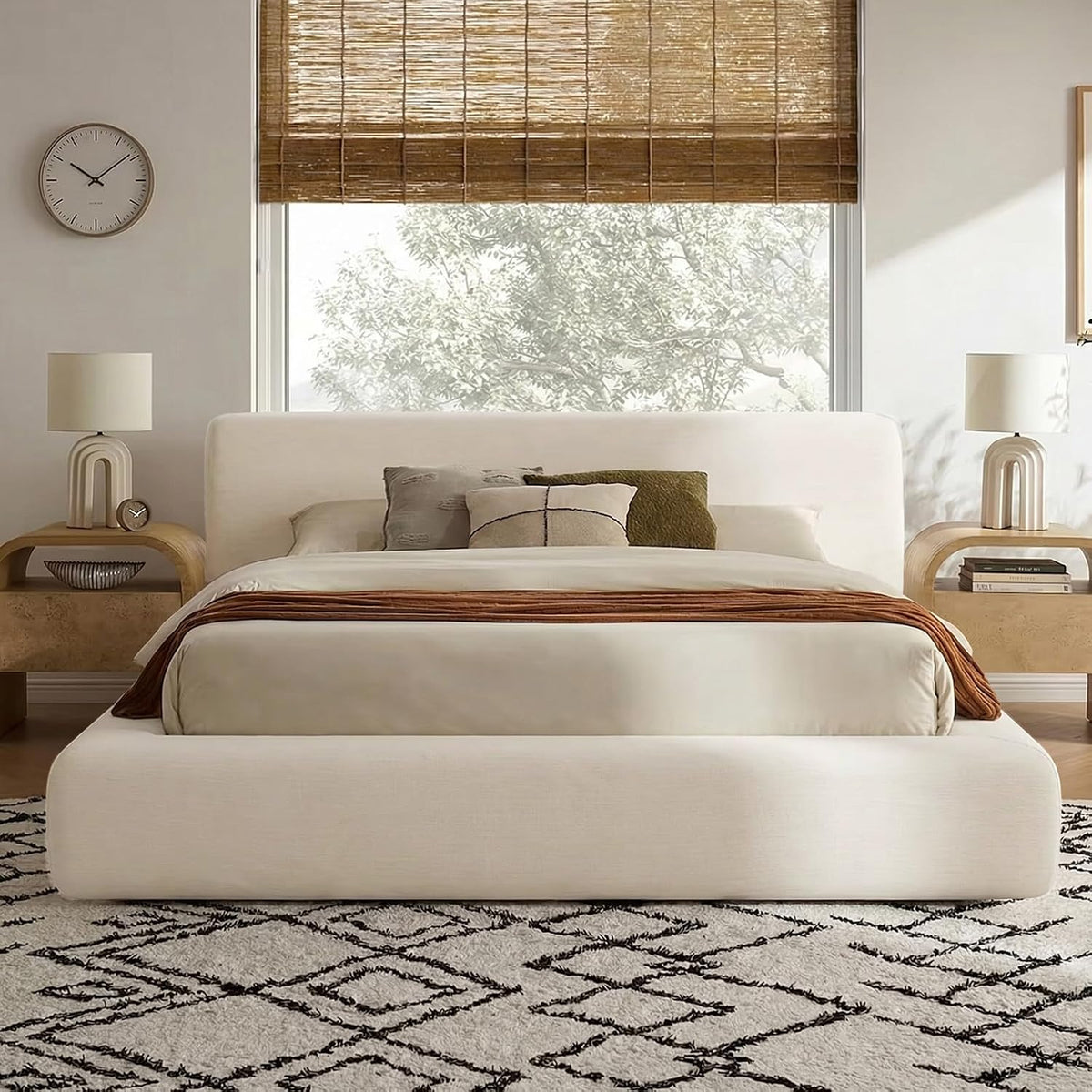 XIAO WEI King Cloud Bed Frame, Upholstered Platform Bed Frame with Headboard, 5.9" Thick Fully Padded Frame, White Ribbed Chenille Fabric, Noise-Free, No Box Spring Required, Easy Assembly