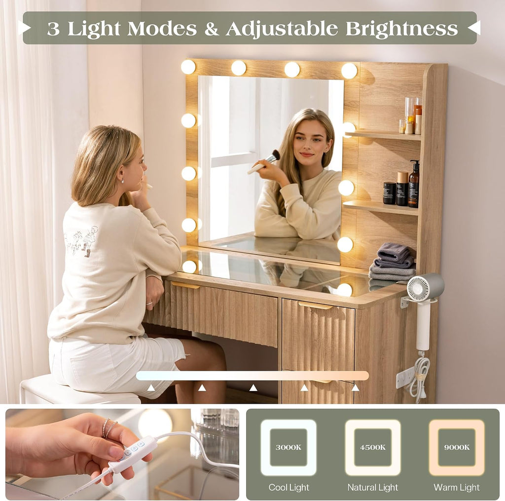 LUXOAK 36" Makeup Vanity Desk with Mirror & LED Lights, Oak | Fluted Vanity Table with 4 Drawers, Glass Top & Charging Station, Dressing Table for Bedroom, Women & Girls