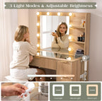 LUXOAK 36" Makeup Vanity Desk with Mirror & LED Lights, Oak | Fluted Vanity Table with 4 Drawers, Glass Top & Charging Station, Dressing Table for Bedroom, Women & Girls