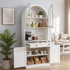 75" Farmhouse Tall Arched Pantry Cabinet with Charging Station, White | Adjustable Shelves, Open Countertop, Barn Door Lower Cabinet, Tempered Glass Display – Versatile Storage for Kitchen