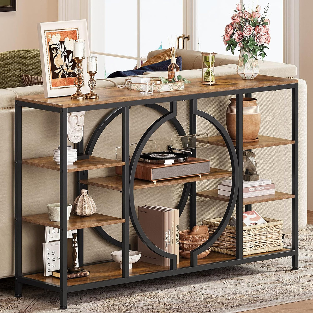 GiftGo 47" Industrial Console Tables for Entryway Rustic Sofa Table Behind Couch 4 Tier Wooden Shelves Entry Table with Storage for Foyer, Hallway, Front Door,Living Room (Rustic Brown, 47")