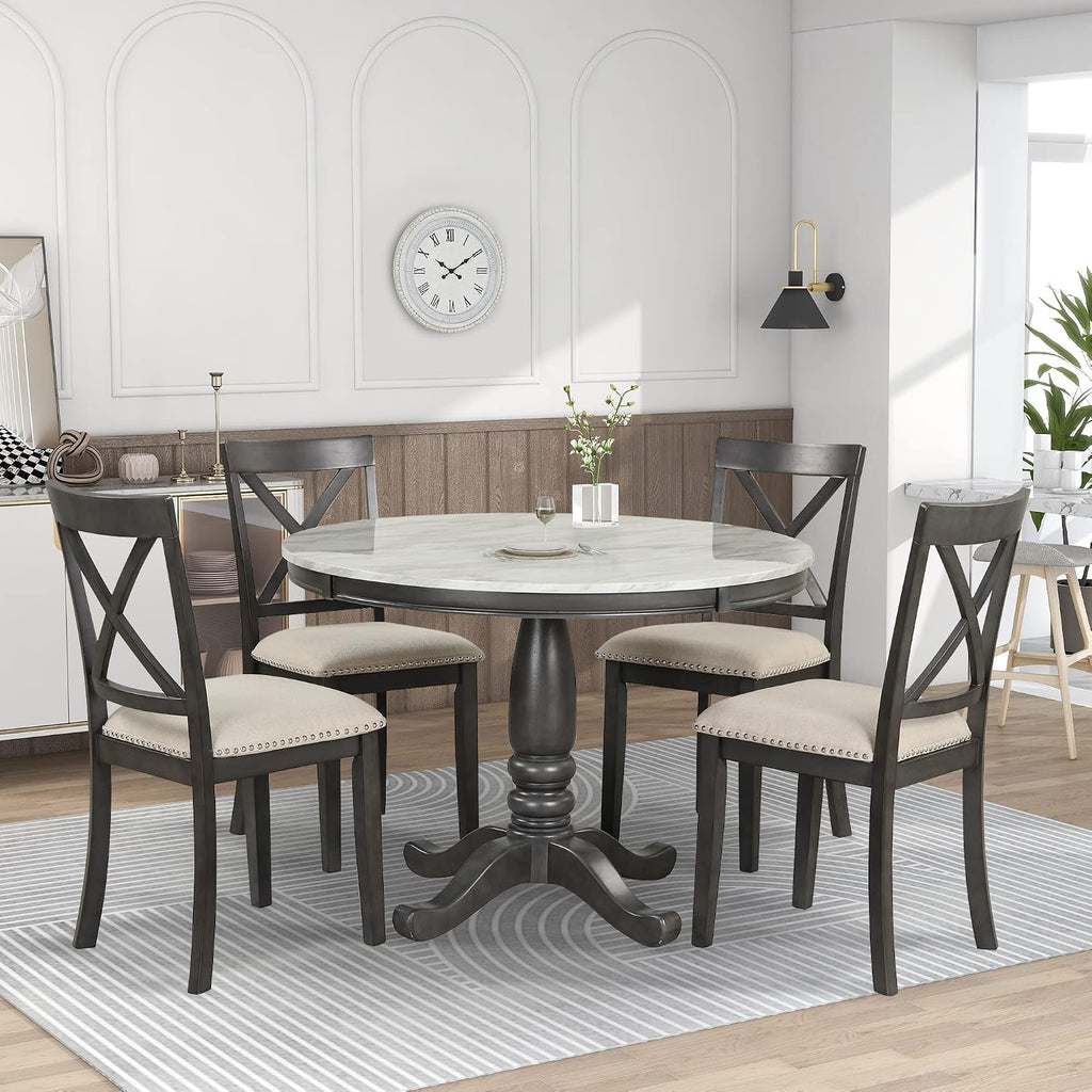 Merax 5 Piece Dining Table Set for 4, Solid Wood Kitchen Table Set with 4 Upholstered Chairs for Kitchen, Dining Room, Living Room, Grey