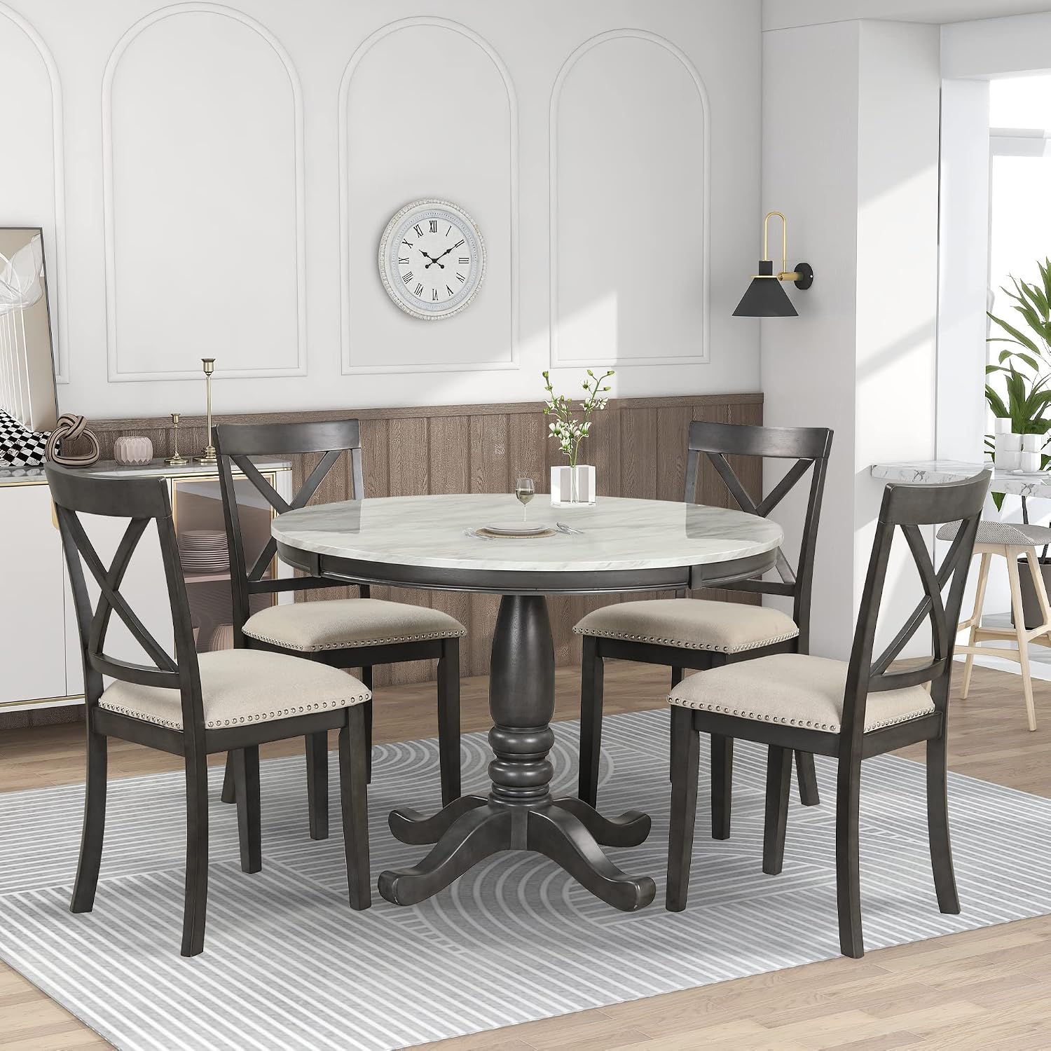 Merax 5 Piece Dining Table Set for 4, Solid Wood Kitchen Table Set with 4 Upholstered Chairs for Kitchen, Dining Room, Living Room, Grey