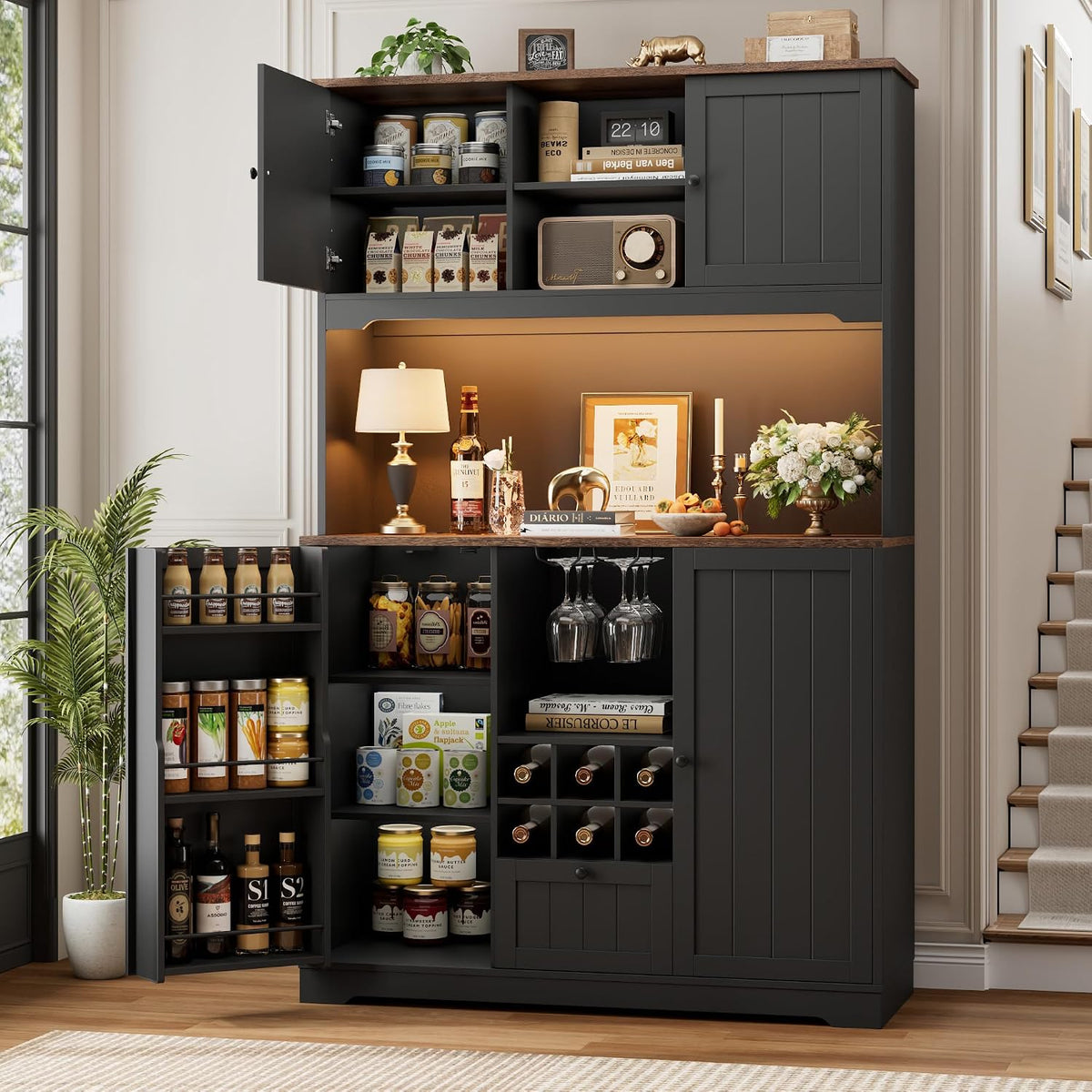 FINETONES 71" Kitchen Pantry Cabinet with LED Light and Charging Station | 71" Pantry Cabinet with Microwave Stand, Kitchen Hutch Food Storage Cabinet with Outlet and Wine Racks, Black