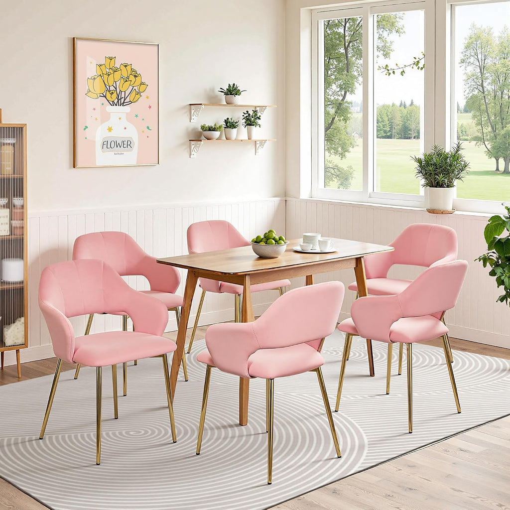 VECELO Velvet Dining Chairs Set of 6, Modern Upholstered Kitchen Chairs with Cushion, Padded Backrest and Metal Legs, Pink