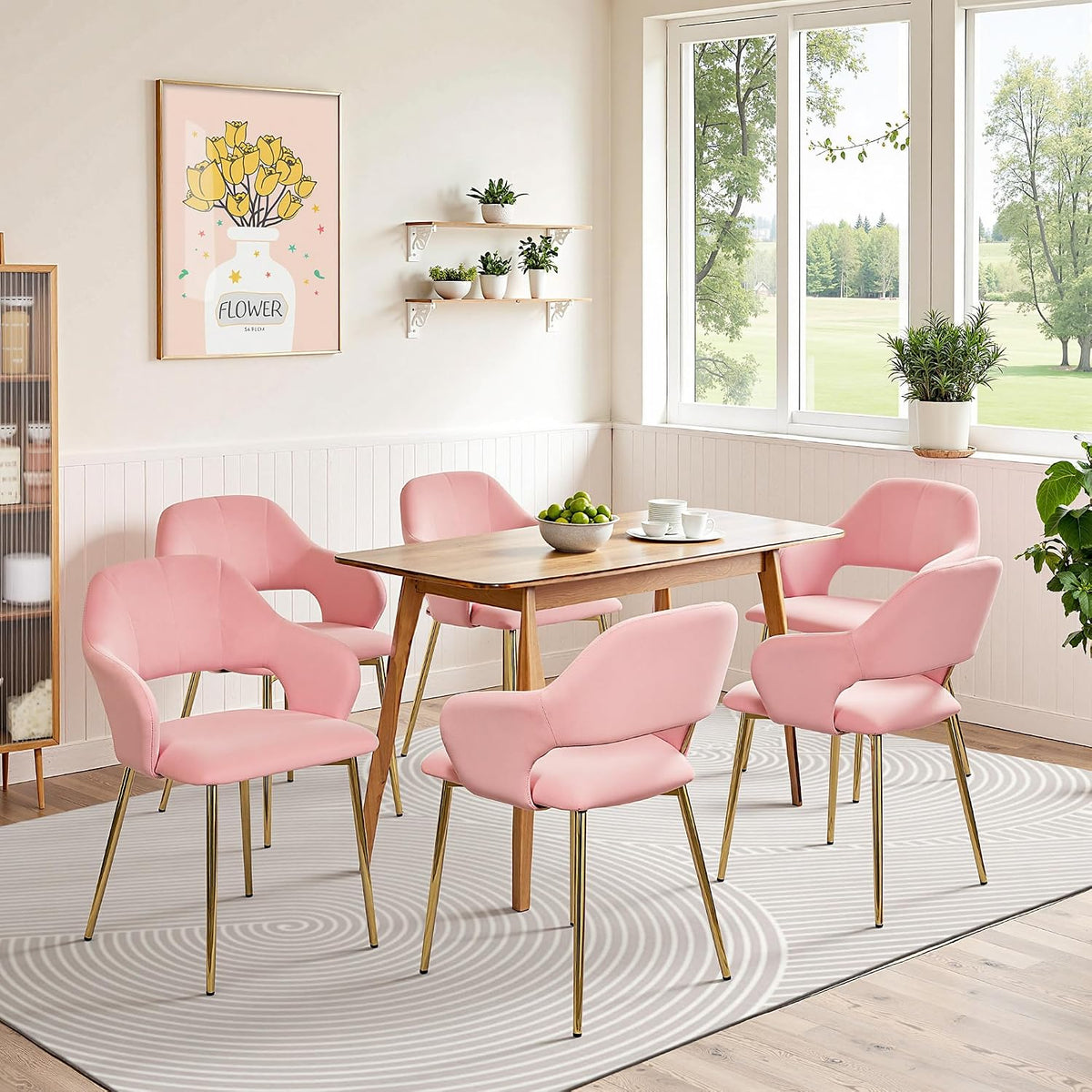 VECELO Velvet Dining Chairs Set of 6, Modern Upholstered Kitchen Chairs with Cushion, Padded Backrest and Metal Legs, Pink