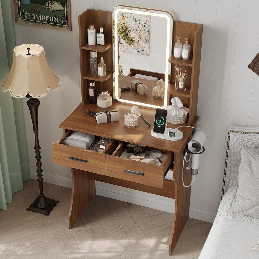 HUANLEGO Small Walnut Vanity Desk with Mirror and Lights for Women Girls | Vanity Mirror with Lights, 3 Lighting Adjustable, LED Light Strips, Built-in Power Outlet, Compact Dressing Table For Girls