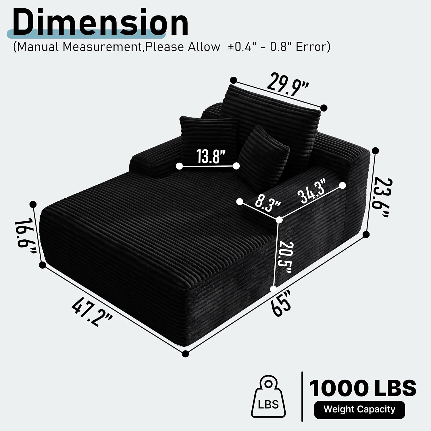 65'' Chaise Lounge Chair Indoor, Black Corduroy Sofa Bed, Lounge Chair, Oversized Sleeper Sofa, Black Corduroy Cloud Couch Reading Chair for Living Room No Assembly