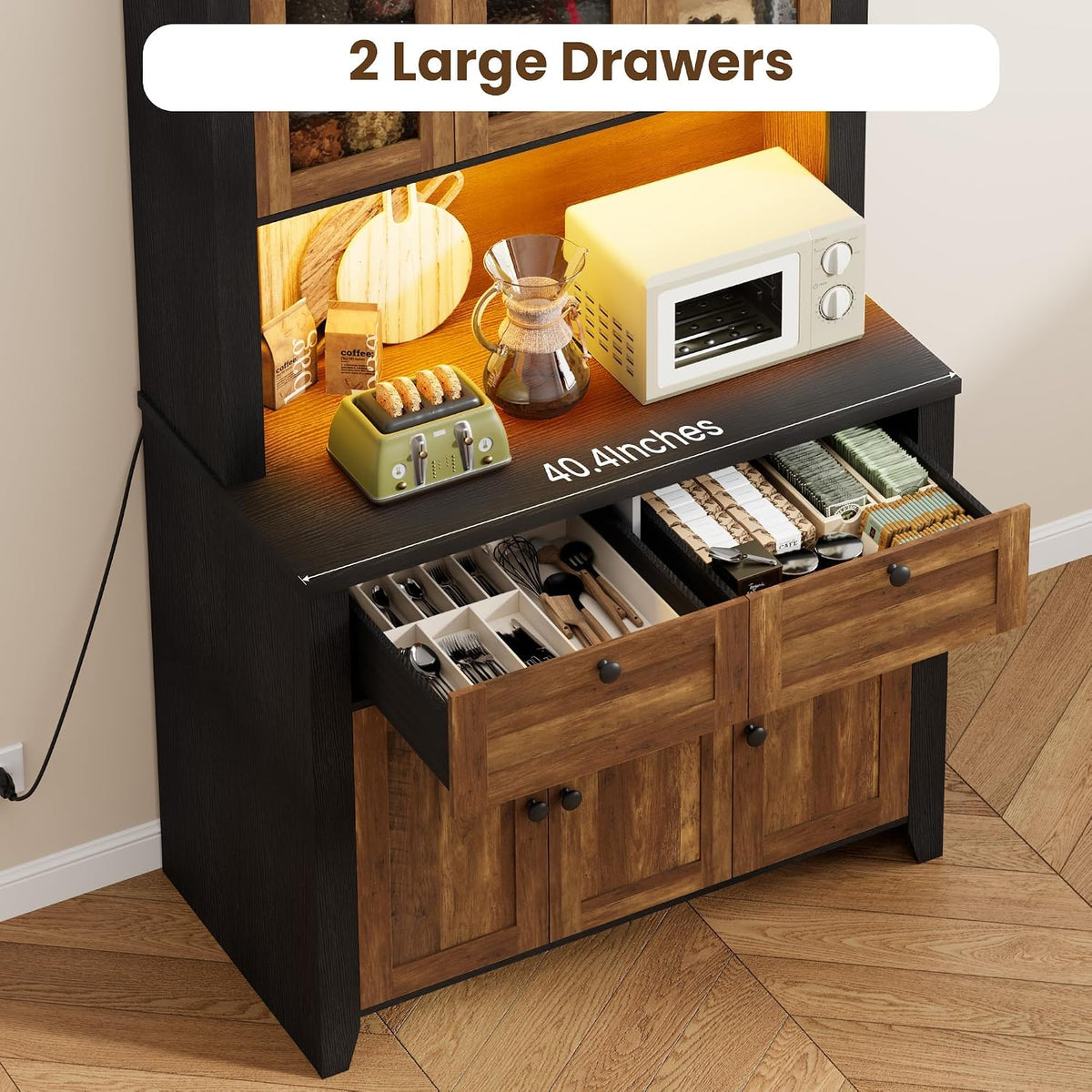 Garvee 66" Tall Pantry Cabinet with LED Lights & Charging Station, Kitchen Pantry Storage Cabinet Kitchen Hutch Coffee Bar with Adjustable Shelves for Dining Room, Living Room