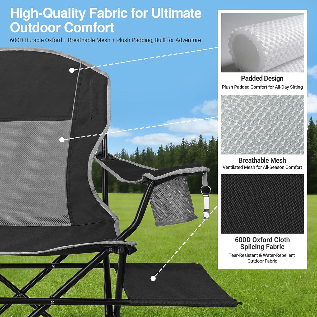 XGEAR 2-Pack Camping Chairs 350LBS Heavy Duty Folding Chair with Side Table | Portable, Sturdy, With Cup Holder, Collapsible for Tailgating, Beach, Fishing, Backyard, Black