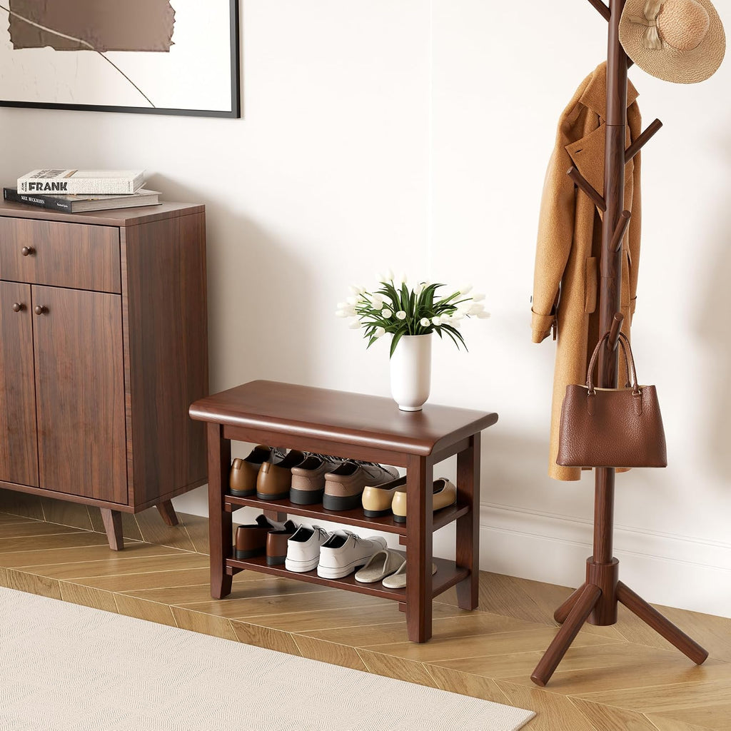 Shoe Rack Bench Mid Century Modern 2-Tier Shoe Rack Organizer for Entryway Hallway or Living Room Farmhouse Rustic Wooden Seat Bench Brown 11.8" Dx47.2 Wx16.5 H