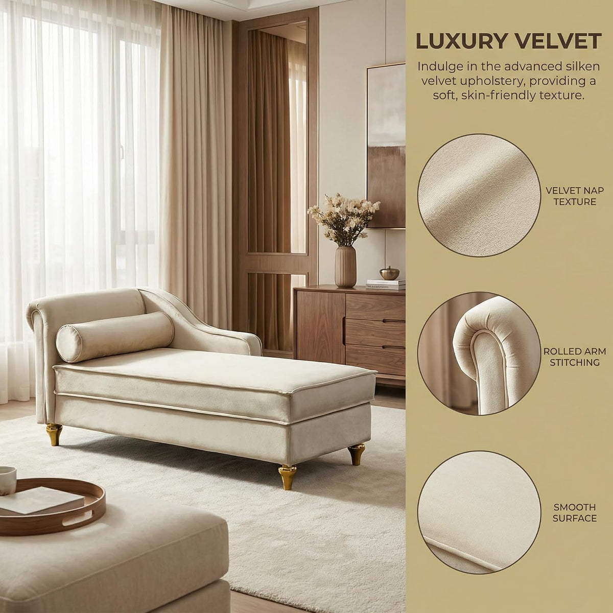60.6''Velvet Chaise Lounge Indoor, Modern Velvet Lounge Chair with Left Armrest & Lumbar Pillow,Button Tufted Lounge Sofa with Storage for Bedroom, Living Room and Office，Beige
