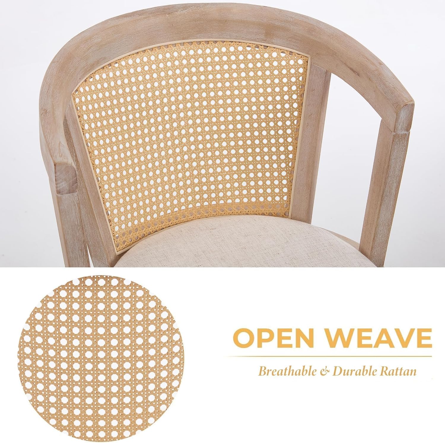 Kmax Rattan Dining Chair Set of 4 Farmhouse Semi Barrel Dining Room Chair Wooden Upholstered Chair for Kitchen Living Room, Oak