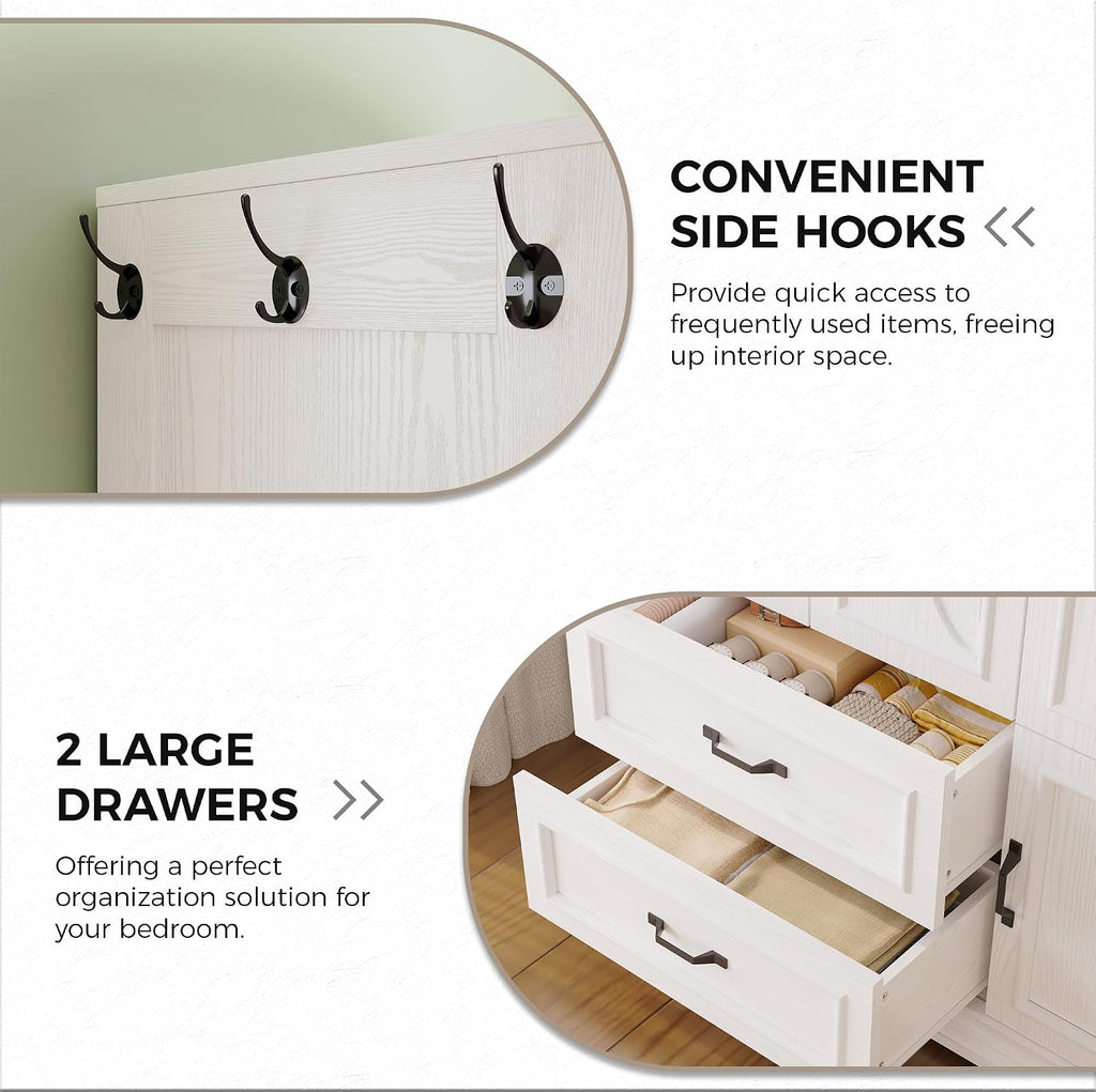 LIKIMIO Armoire Wardrobe Closet with 4 Doors and Drawers, White | Wardrobe Cabinet with Storage Shelves and Side Hooks, Clothing Storage Cabinet for Bedroom