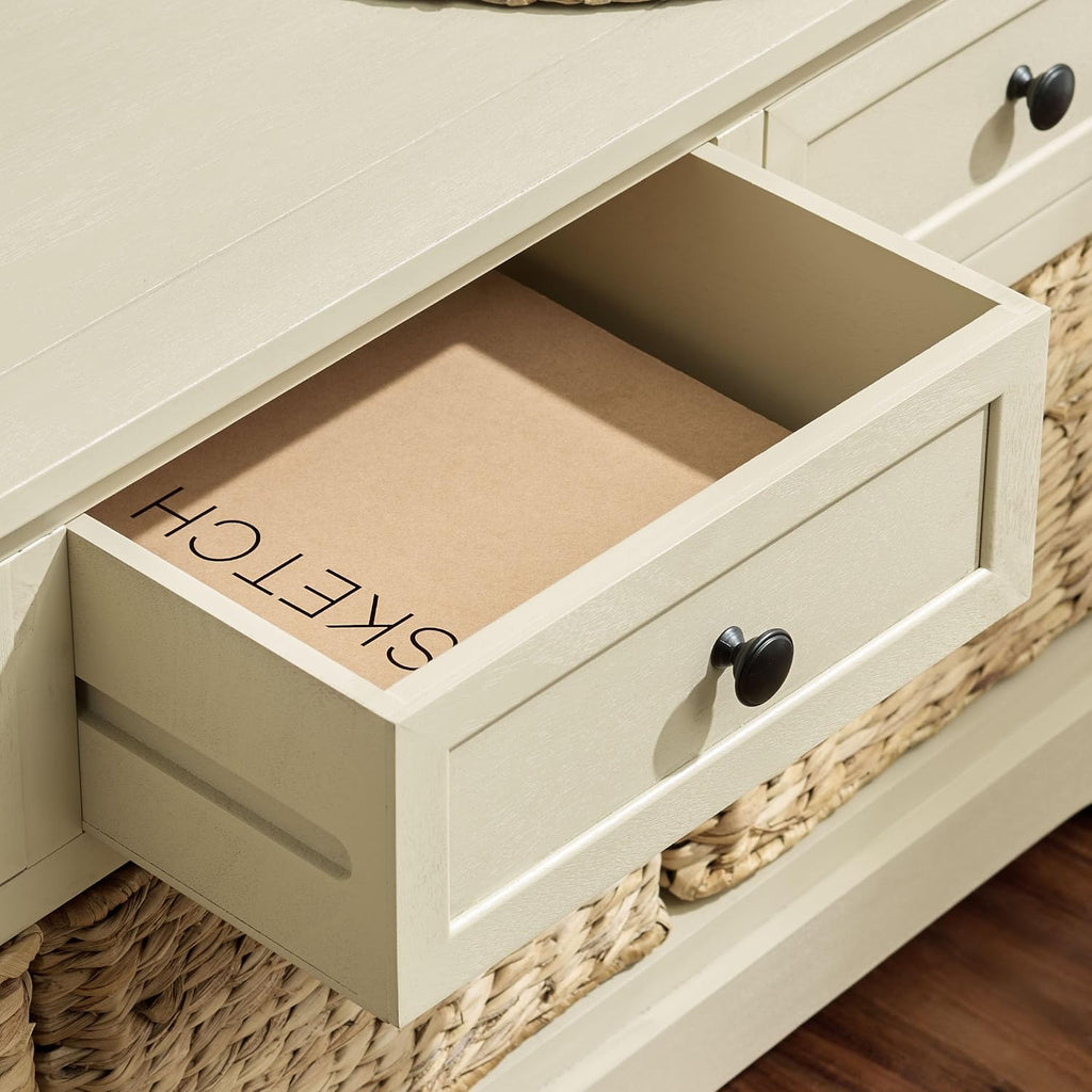 SAFAVIEH Home Collection – Damien Sand 6-Drawer Storage Bench, Mixed-Material Cottage Design, Fully Assembled (AMH5701G)