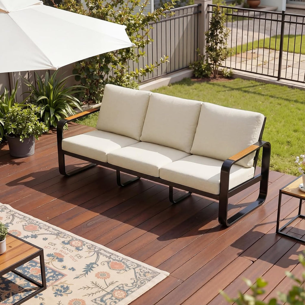 Tribesigns Outdoor Patio 3 Seater Sofa Tall Back & Oversized Seat, Modern Metal Frame Patio Couch with 6'' Thick Cushions & WPC Armrests, All-Weather Conversation Sofa for Backyard, Poolside, Beige