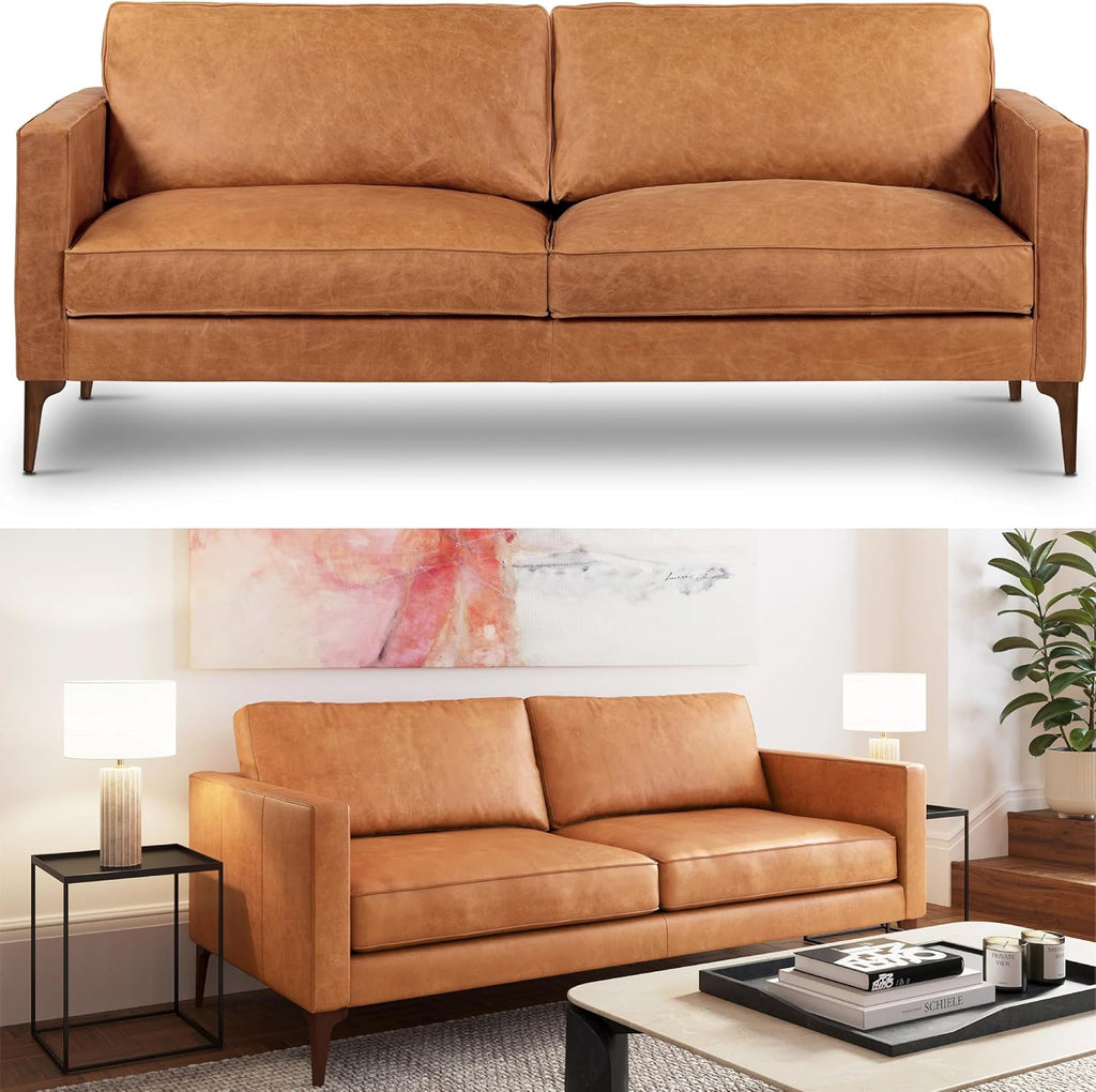 Poly & BARK Mateo 82” Sofa – Cognac Tan Full-Grain Pure-Aniline Italian Leather, Feather-Down Cushions, Solid Wood Frame & Walnut Legs