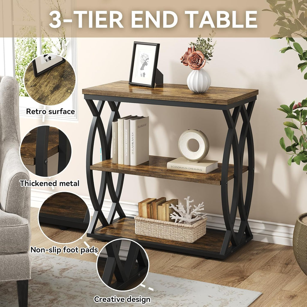 End Table, Narrow Side Table, 3-Tier End Table with Metal Frame, Living Room Side Table with Storage for Couch, Sofa, Bedroom, Small Spaces, Easy Assembly, 23.6"D*11.8"W*23.6"H, Rustic Brown